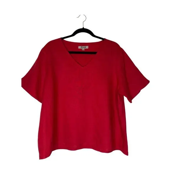 Flax linen Top Red Boxy Short Sleeve Size L Coastal, Casual Chic, Oversized