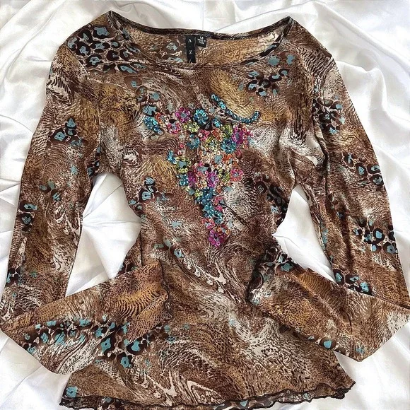 A to Z Women Brown Animal Print Mesh Long Sleeve Sequin Top Y2K Lettuce Edge M