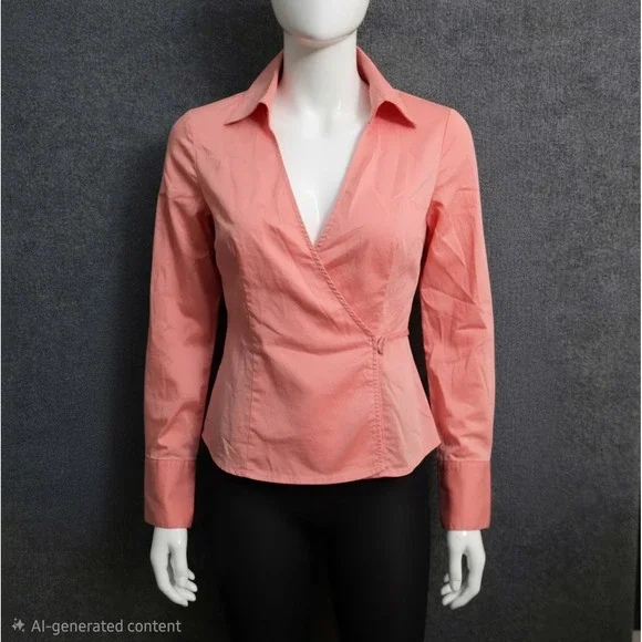 New York & Company Womens Tie Blouse S Small Coral Long Sleeve Casual Comfy Cute