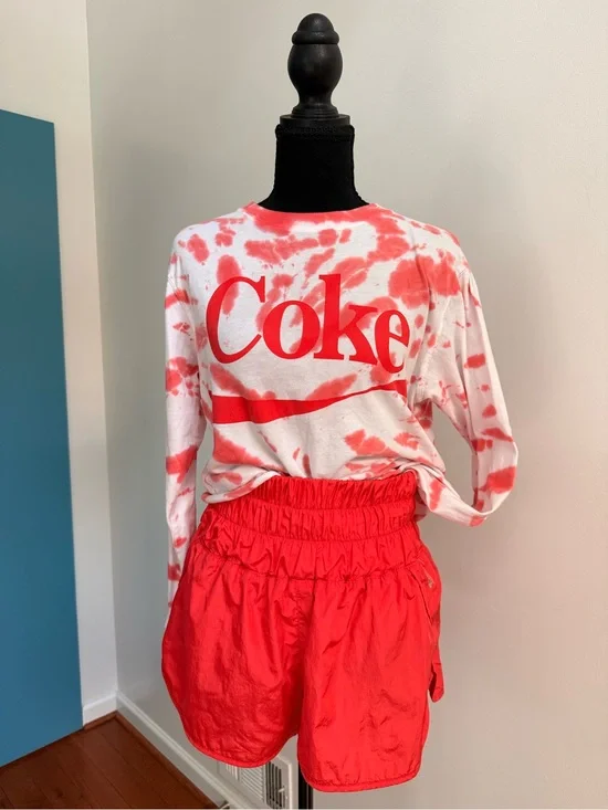 Coke Logo Tie-Dye Long Sleeve Crop Tee - Red & White- Juniors 3/5 Sz Small