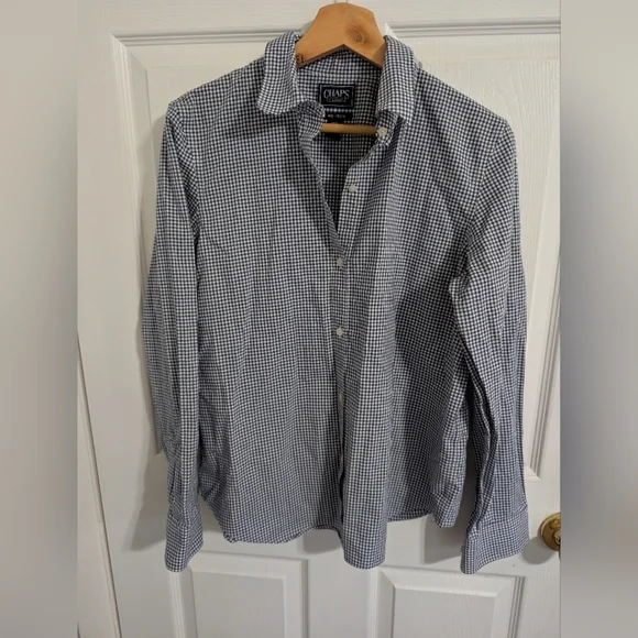 Chaps Womens Top Gingham Blue White Long Sleeve Button Down No Iron Large
