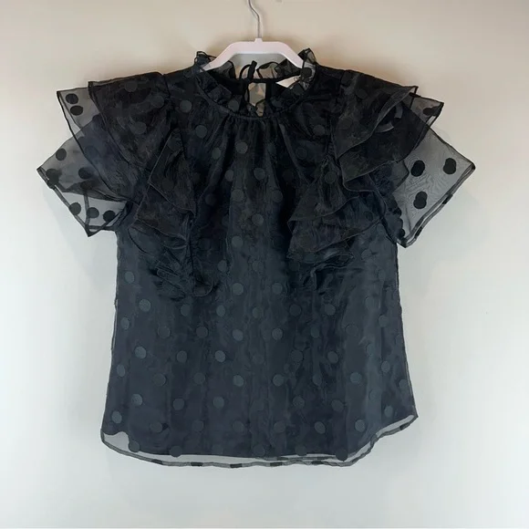 NEW Crosby by Mollie Burch Black Polka Dot Flutter Short Sleeve Emory Top Medium