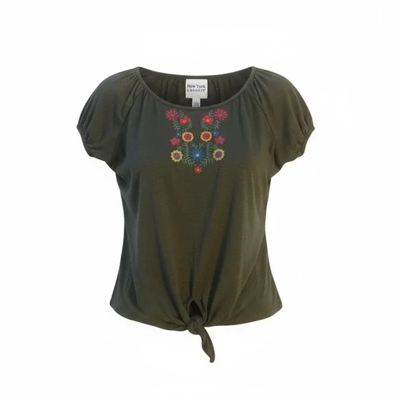 New York Laundry‎ Women's Size S Knit Top Green Floral Embroidery Raglan Sleeves