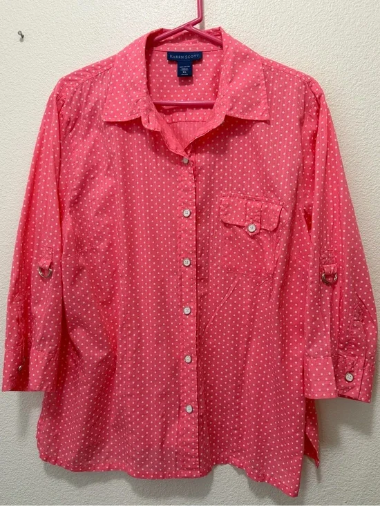 Karen Scott Coral Pink Polka Dot Button-Up Shirt