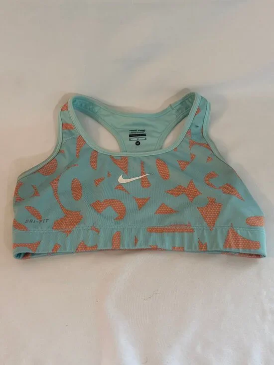 Nike Women's Sports Bra Mint Green & Orange Geometric Pattern Size Medium #4092