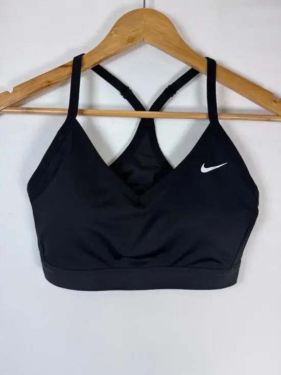 Nike Indy Dri Fit Sports Bra Women L Black Padded V Neck Strappy Yoga Workout