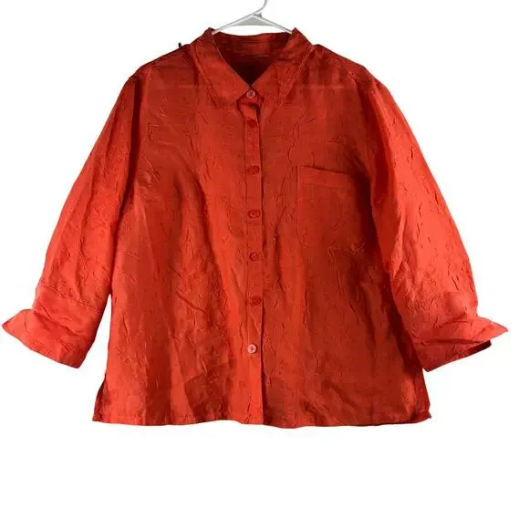 Coldwater Creek 3/4 Sleeve Orange Linen Blnd Button Up Blouse Womens Measured 2X