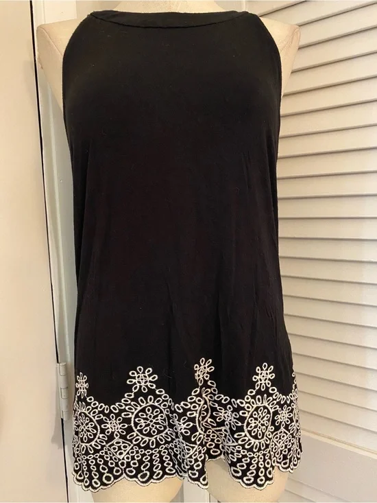 Adrianna Papell Black Sleeveless Top with White Embroidered Hem- Size Medium