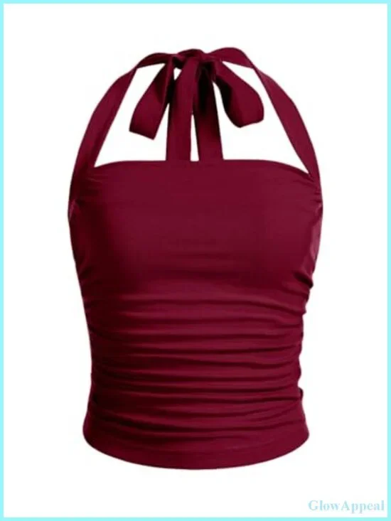 Ruched Halter Crop Top Tie Back Sleeveless Slim Fit Cami Tank