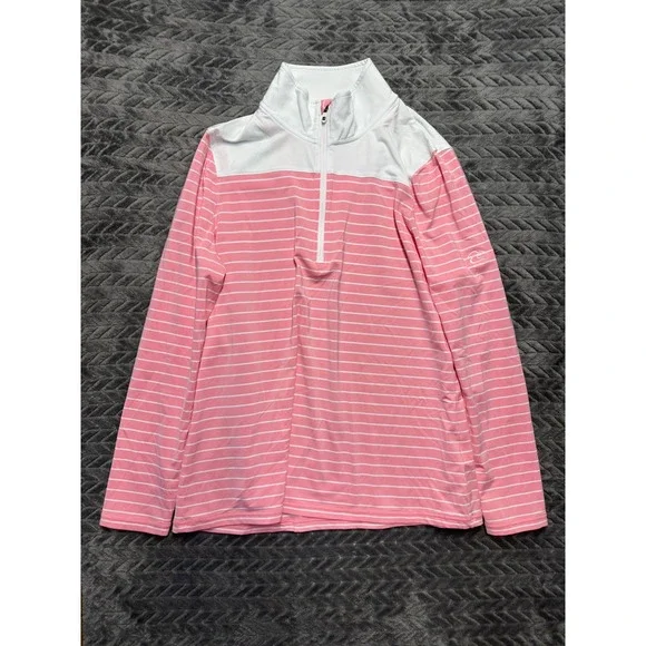 FootJoy FJ Womens Pink White Striped Quarter Zip Golf‎ Pullover Large (1477)