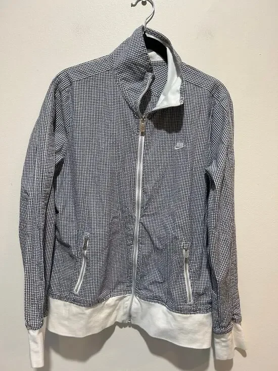 Nike seersucker gingham jacket women size L zipper lightweight cotton blue white