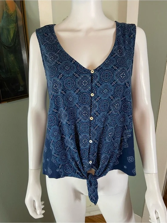 Lucky Brand Geometric Mosaic Tank Top Tie Button Down Large L Blue