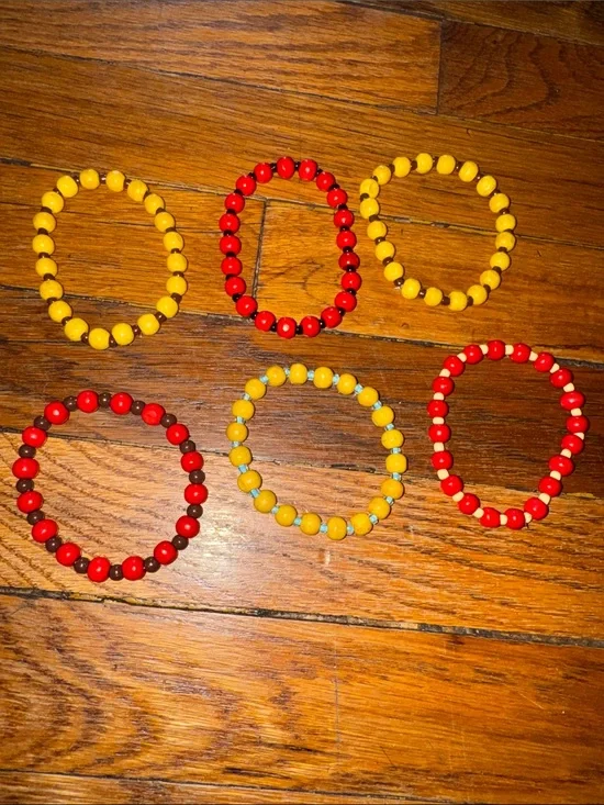 Handmade wooden Yellow and Red Beaded Stretch Bracelets - Set of 6