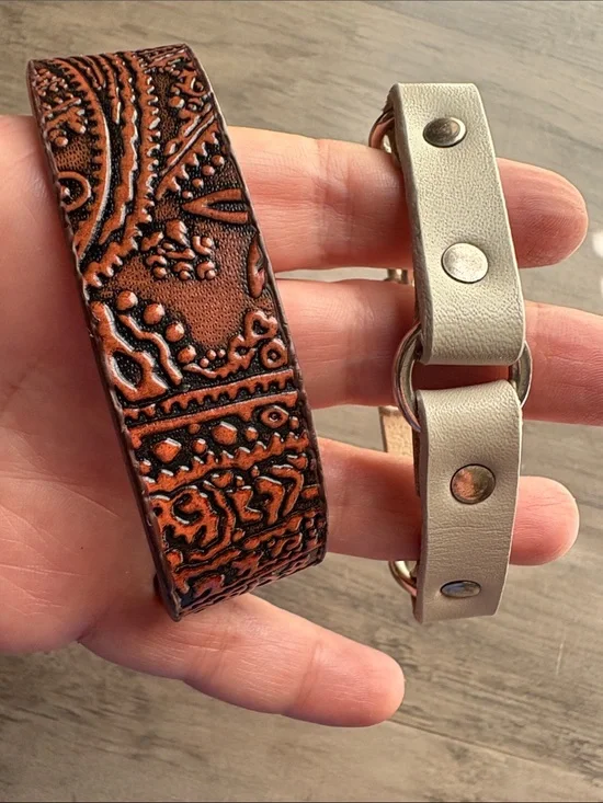 Handcrafted Tooled Brown Leather Bracelet with Silver Accent Strap