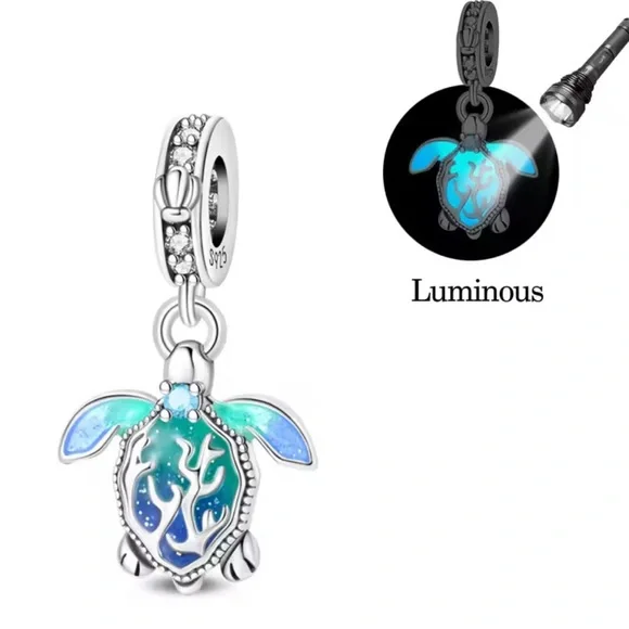Sterling Silver Luminous Sea Turtle Dangle Charm - Blue Green