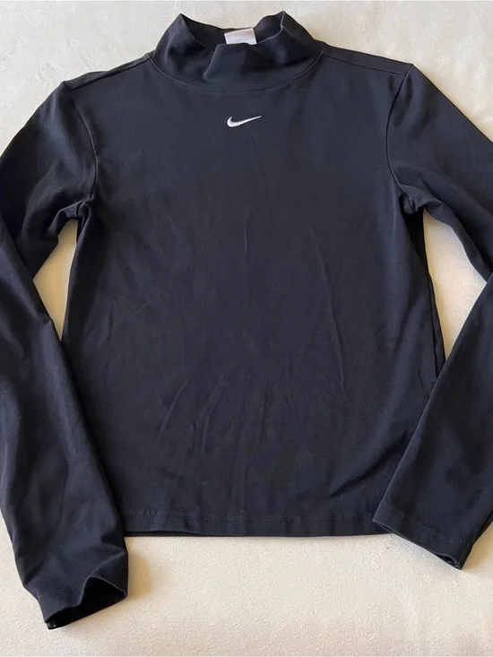 Nike Black Mock Neck Long Sleeve Top with White Swoosh Center Logo Athlete