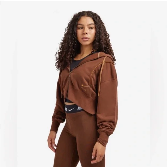 NIKE AIR Full Zip Fleece Cropped Oversized Brown Hoodie Womens MEDIUM Sweatshirt