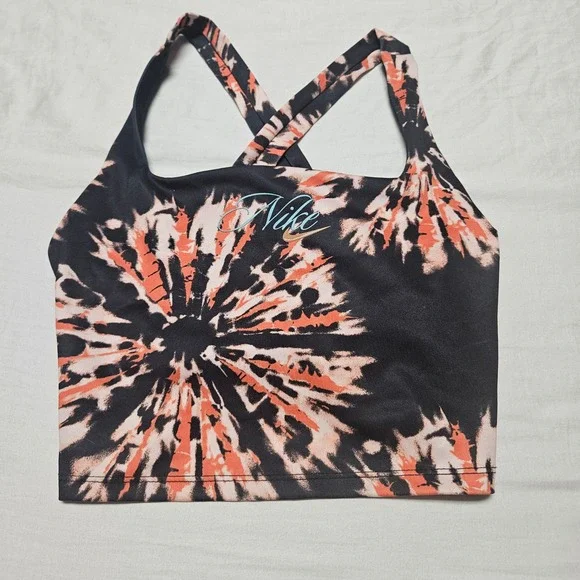 Nike Sports Bra Women Medium Black Orange Tie Dye Dri-FIT Cross Back Workout Top
