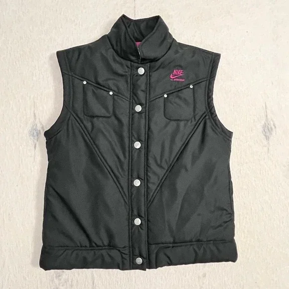 Nike Sportswear Puffer Vest Black‎ Pink Lined Snap Front Women's Size M