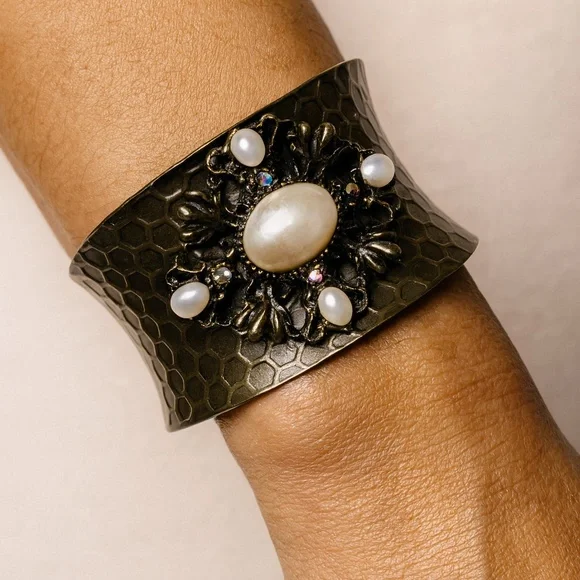 Hammered Cuff Bracelet Faux Pearl Rhinestone Design 3” across 2” wide