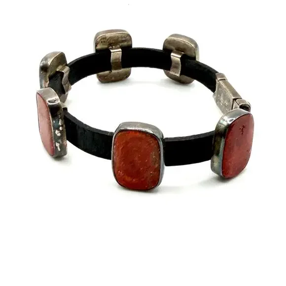 Vintage 90s Mexico Sterling Silver Red Coral Leather Panel Bracelet