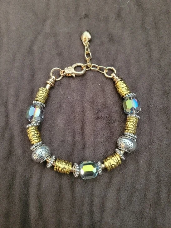 Gold-Tone Bead Bracelet with Iridescent Faceted Beads and Peace Charms