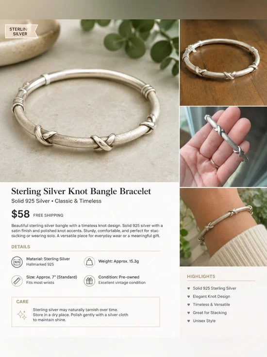 925 Sterling Silver Textured Knot Accent Hinged Bangle Bracelet