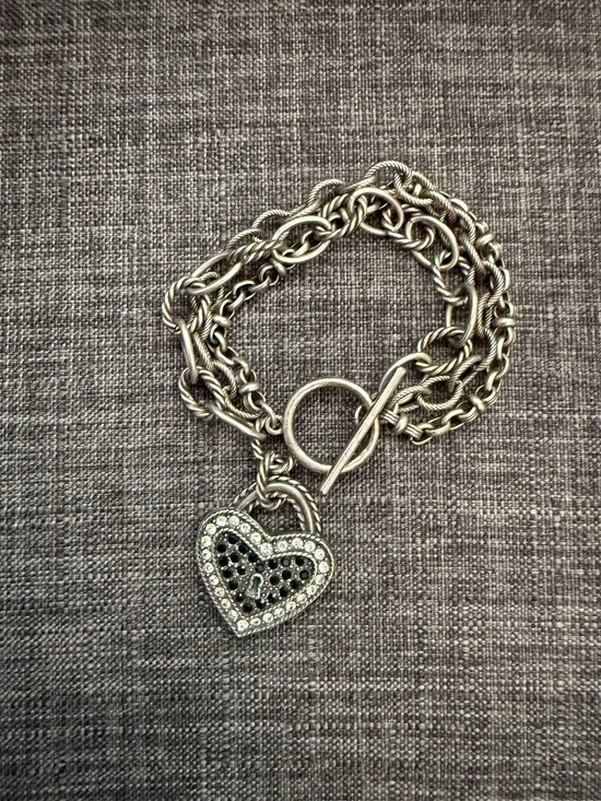 Brighton Silver Heart Charm Toggle Bracelet Rhinestone Accent