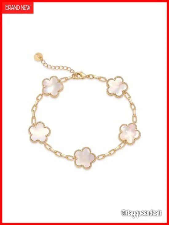 14K Gold Plated Clover Charm Bracelet - Adjustable Paperclip Chain - Mother of