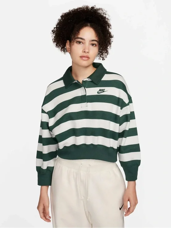 Nike Phoenix Cropped Rugby Polo Striped Sweatshirt Top Green White