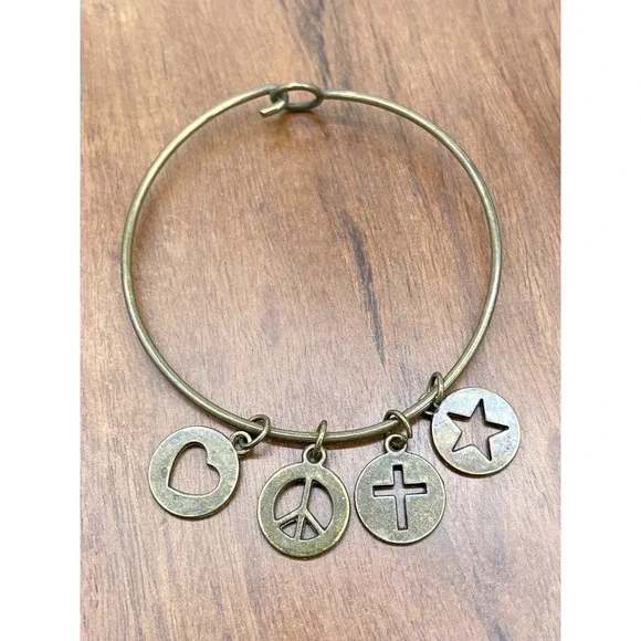 Bronze Tone Charm Bangle Bracelet Heart Peace Cross Star Boho Inspirational