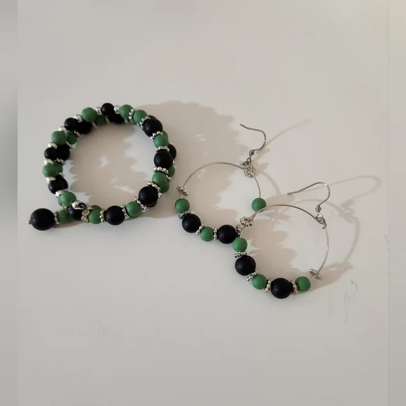 Hand Crafted Black and Green Beaded Jewelry Set Wrapped Bracelet Hoop Earrings