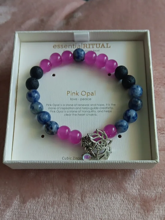Calming bracelet Essential Ritual Pink Opal & Blue beaded  Lotus Charm