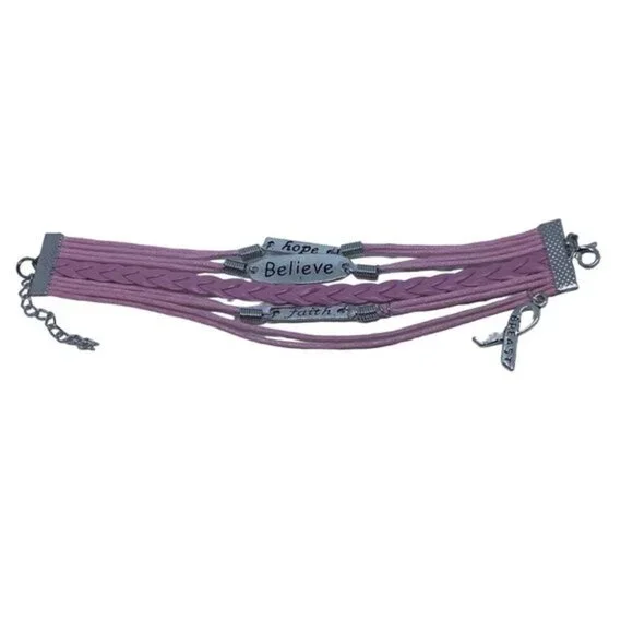 Pink Ribbon Breast Cancer Awareness FAITH BELIEVE HOPE‎ Leather Braided Bracelet