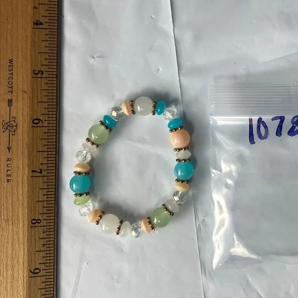 Beaded Stretch Bracelet‎ Blue Peach Green White Crystal Accents Women