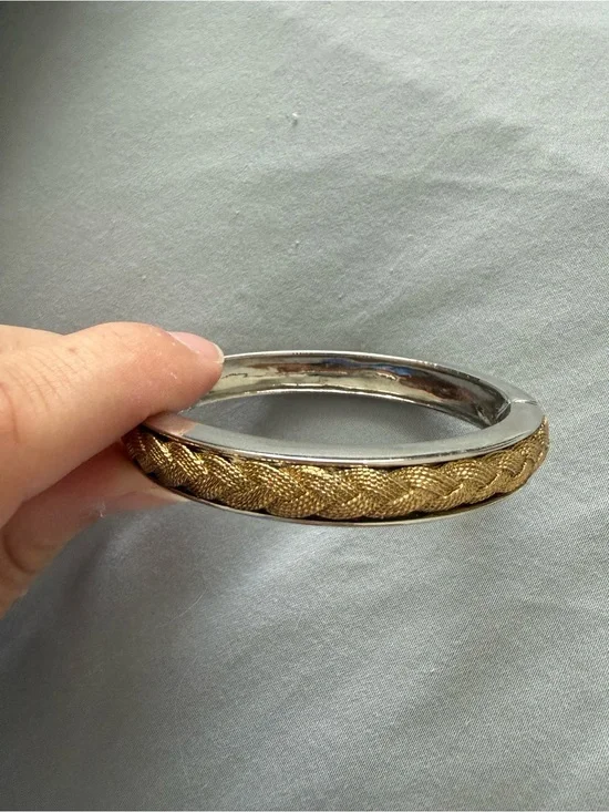 Gold Braided and Silver Tone Hinged Bangle Bracelet