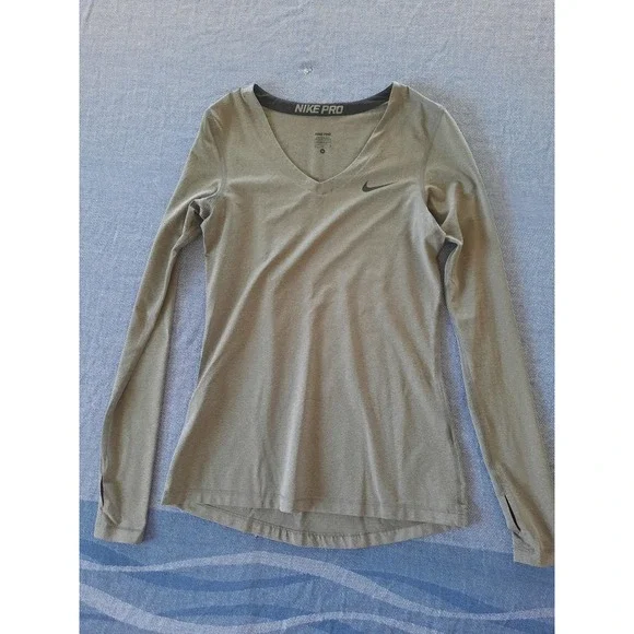Nike Pro Dri-FIT Women Long Sleeve Training Top Gray V-Neck Thumbholes Medium
