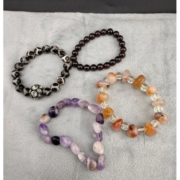 Beaded Polished Stone Bracelet‎ Lot Of 4 Stretch Purple Orange Black 6.5