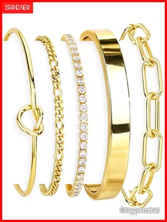 14K Gold Plated Sterling Silver Chunky Cuff Bracelet Set Stackable