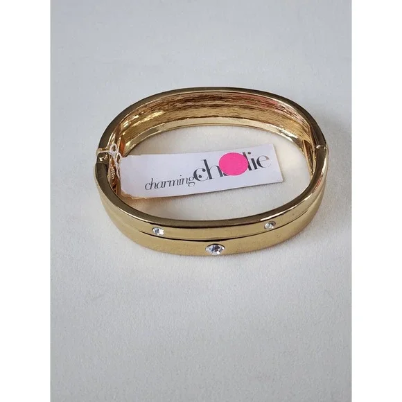 New CHARMING CHARLIE Gold Tone & Rhinestone Hinged‎ Bangle Bracelet