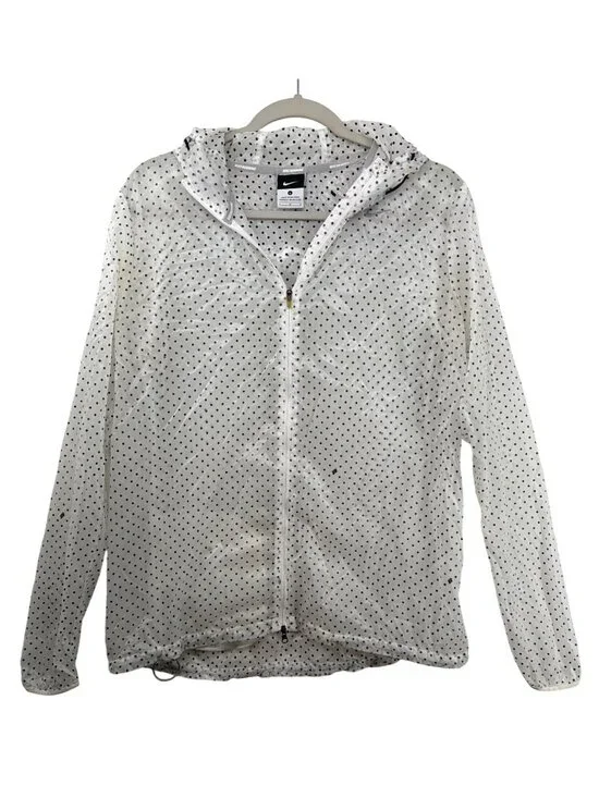 Nike Running Womens Rain Jacket Sz L Clear/Black Polka Dot Pockets Full Zip Logo
