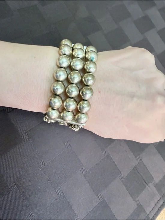 Vintage Chunky gold Tone Multi-Row Ball Bead & Chain Stretch Cuff Bracelet