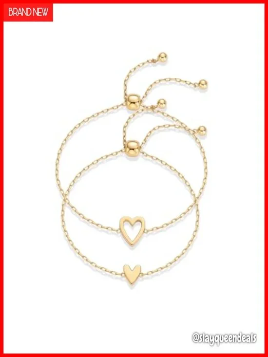 14K Gold Plated Heart Charms Solitaire Bracelet Set Adjustable Two Pack