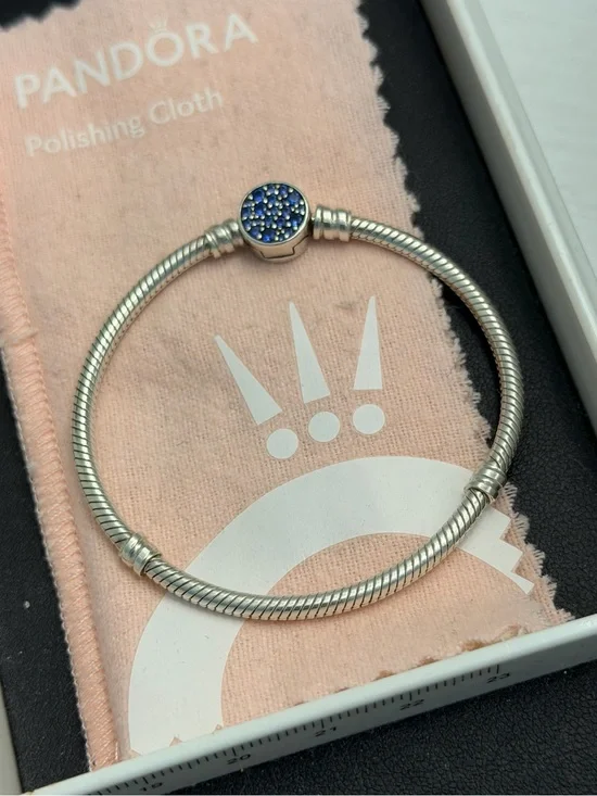 Pandora Silver Snake Chain Bracelet with Blue Pave Clasp 17cm