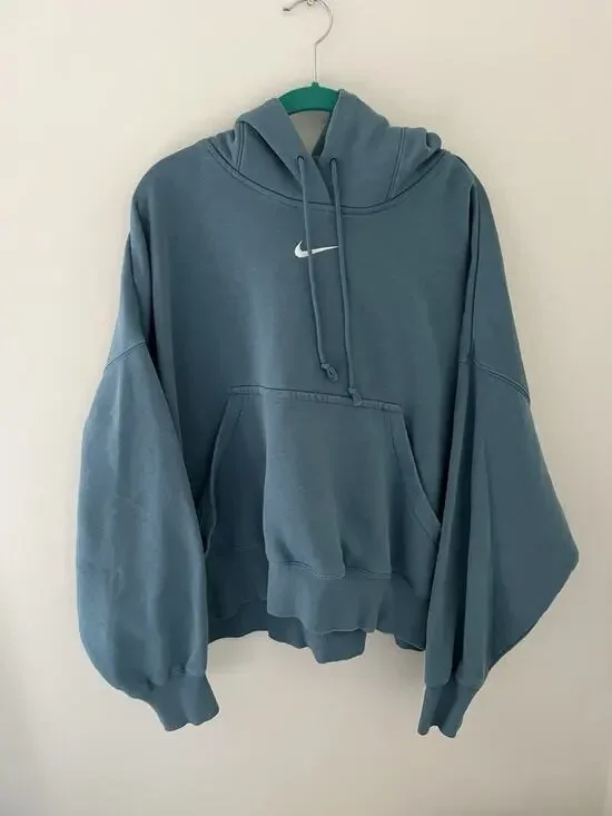 Nike Center Swoosh Large Pullover Hoodie Pheonix Fleece Oversized Boxy Teal Blue