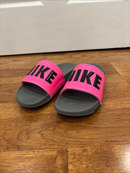 Nike Women’s Pink and Gray Slide Sandals with Bold Logo