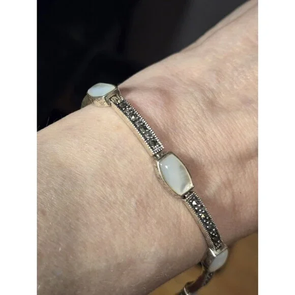 Sterling Silver Marcasite & Mother Of Pearl Hinged Bracelet, 8