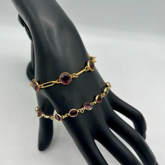 2 Vintage amethyst purple crystal link gold chain bracelets 7” & 8”