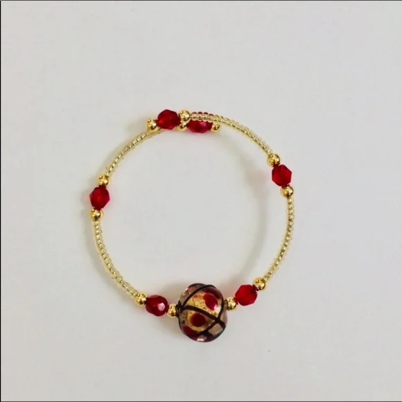 Handmade Red & Gold beaded bracelet memory wire
