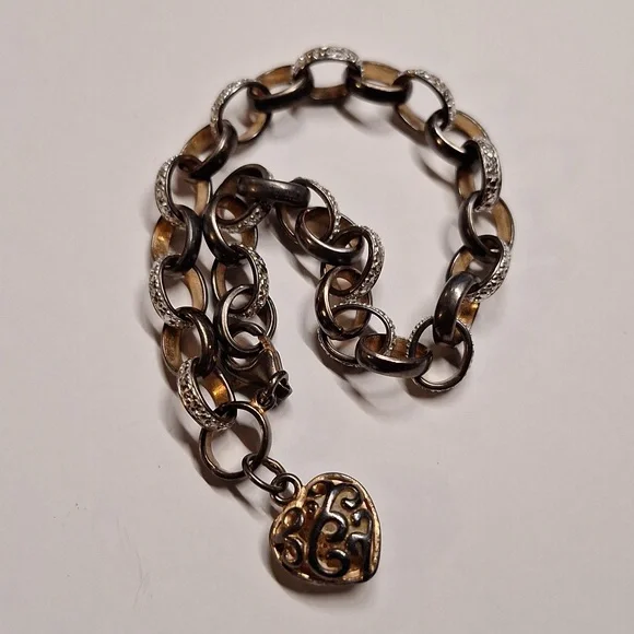 Prime Art & Jewel vintage chunky link bracelet heart charm 925 silver